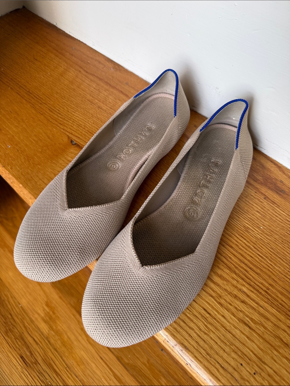 Rothy's Taupe Knit Flats with Blue Heel Trim